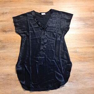 Vintage L.A. Intimates Black Silky Satiny Chemise V-neck Tie Oval Bottom Small